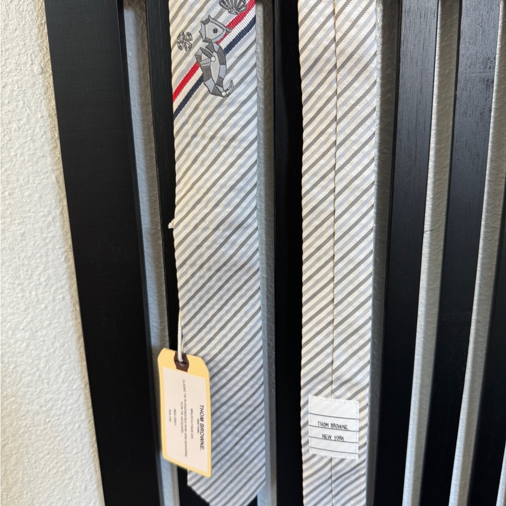 Thom Browne Light Gray and White Diagonal Stripe Silk Tie with Red Accent